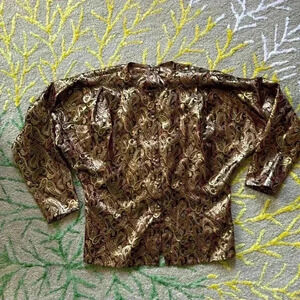 Vintage paisley gold metallic pleated blouse M